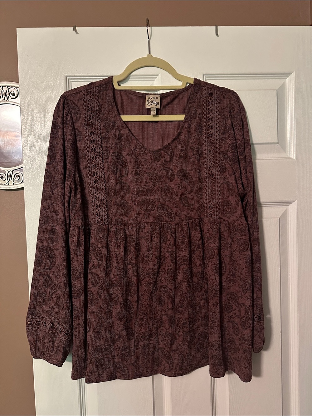 Como Vintage Burgundy Paisley Long-Sleeve Peasant Top